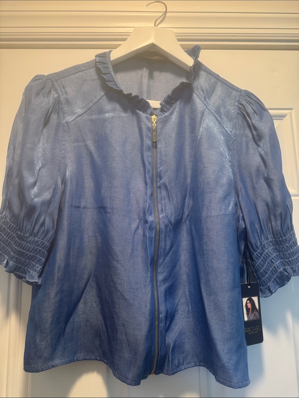 RACHEL Rachel Roy Blue Zip-Front Puff Sleeve Top